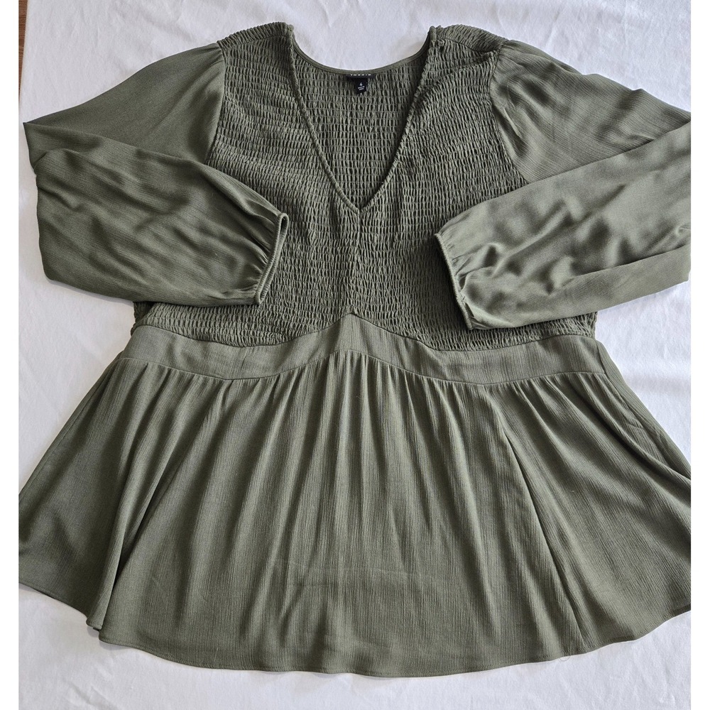 Torrid Size 4 Olive Smocked Peplum Blouse 4X 26/28 Boho Stretch Top